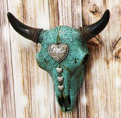 10"L Southwest Steer Bison Bull Cow Skull Turquoise With Scroll Heart Wall Decor-2