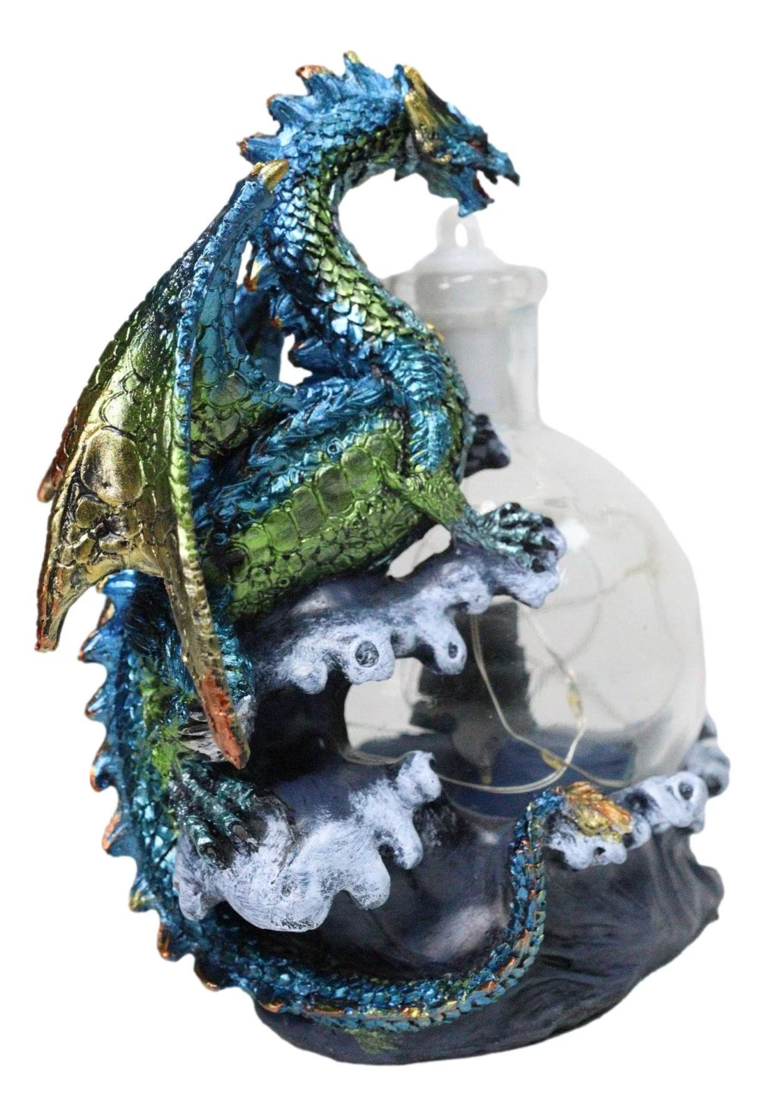 Metallic Frozen Sea Dragon Rising Above Waves by Glass Bottle With Ship Figurine-3