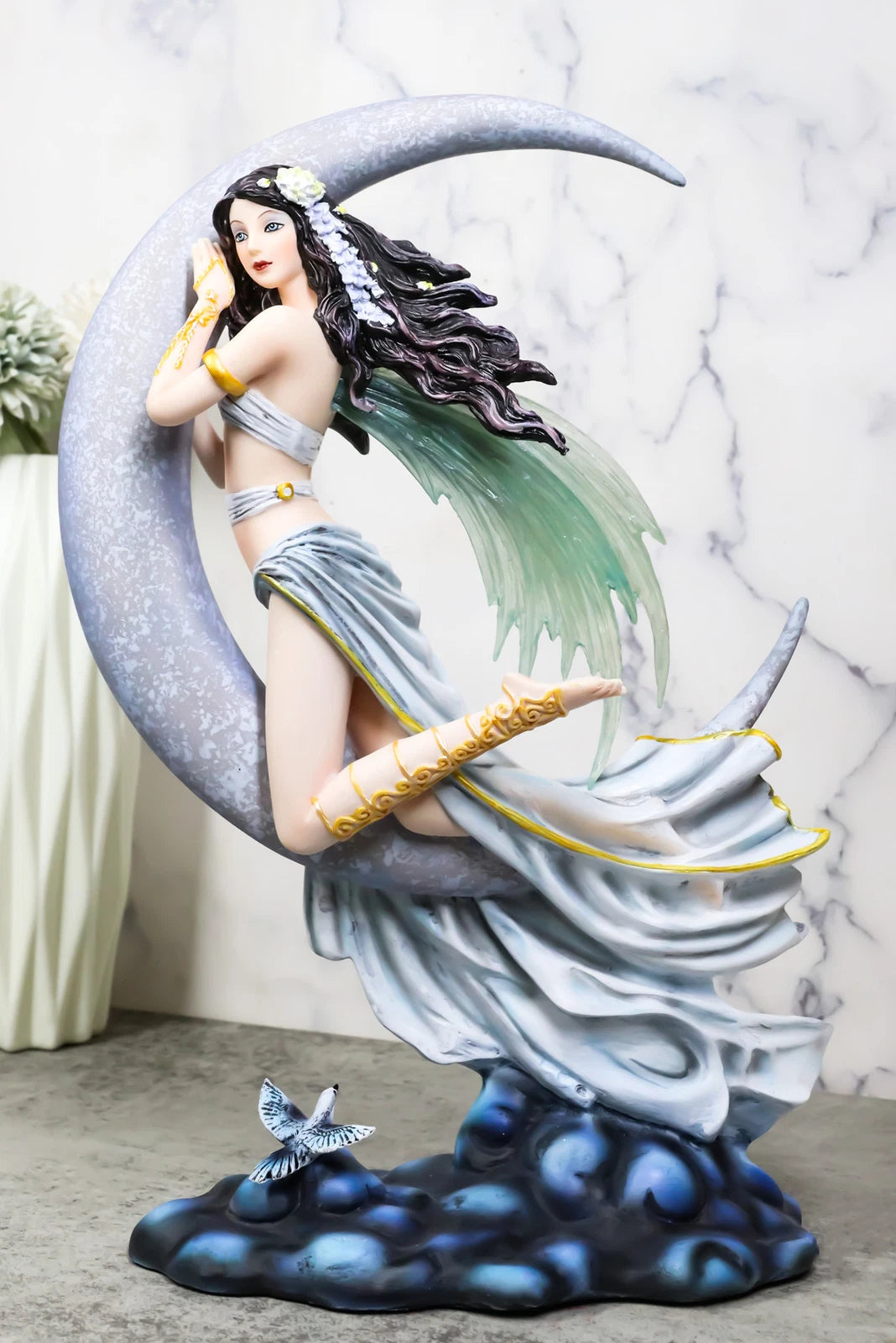 Celestial Dream Voyage Crescent Moon Lullaby Fairy Floating On Clouds Statue-4