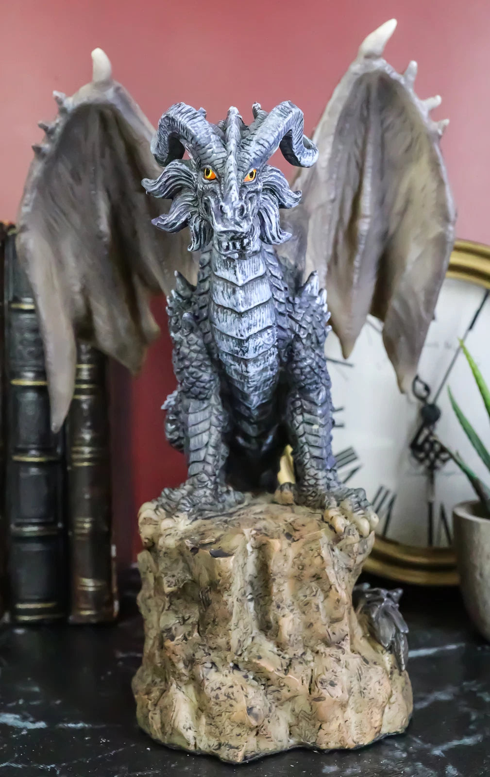 Large Medieval Sentry Abraxas Black Dragon Standing On Stump Rock Statue 9.25"H-1