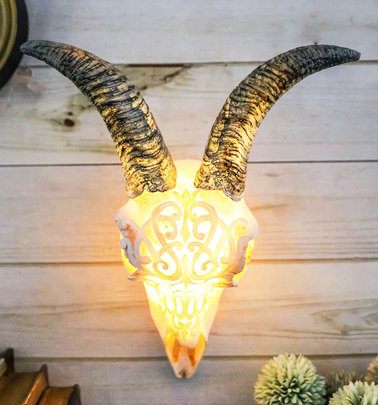 Rustic Tooled Filigree Bighorn Sheep Young Ram Skull LED Light Wall Decor Plaque-1
