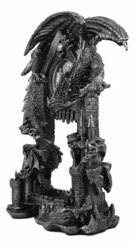 Large Gothic Smaug Dragon Overlord Guarding Castle Pendulum Table Clock Statue-5