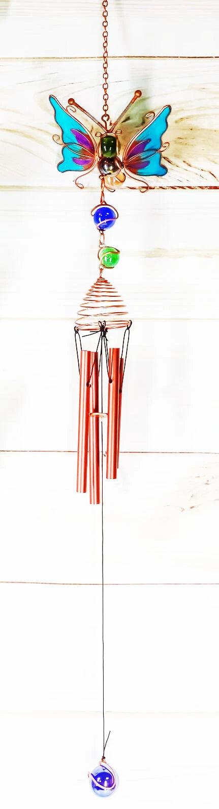 Stained Glass Flitting Butterfly Copper Metal Wind Chime 23"Long Outdoor Decor-1