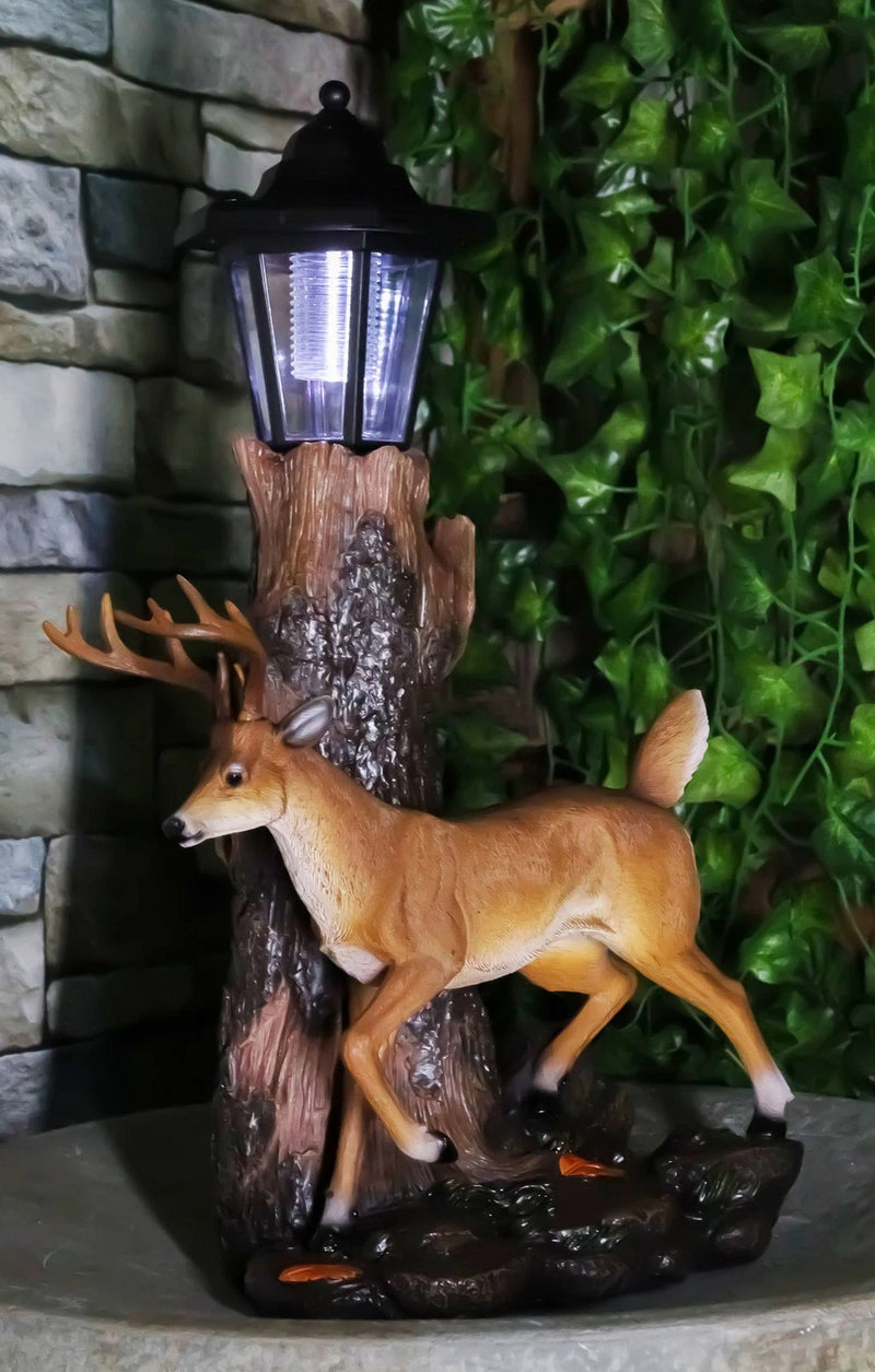 The Emperor 12 Point Buck Deer Statue Rustic Forest Tree Solar LED Light Outpost-8
