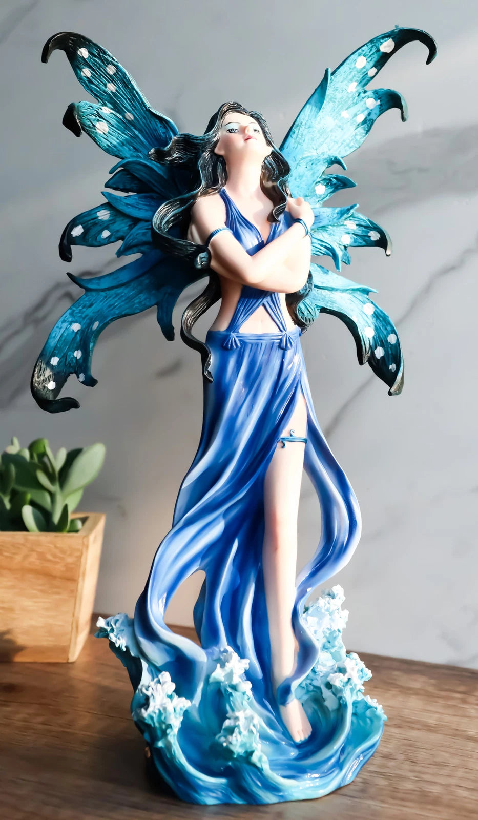 Ocean Fairy Figurine, Water Elemental Fantasy Statue 12" Tall Rising Over Waves, Hand-Painted Mythical Creature Sculpture, Home Decor for Shelf, Desk, or Living Room Display-5