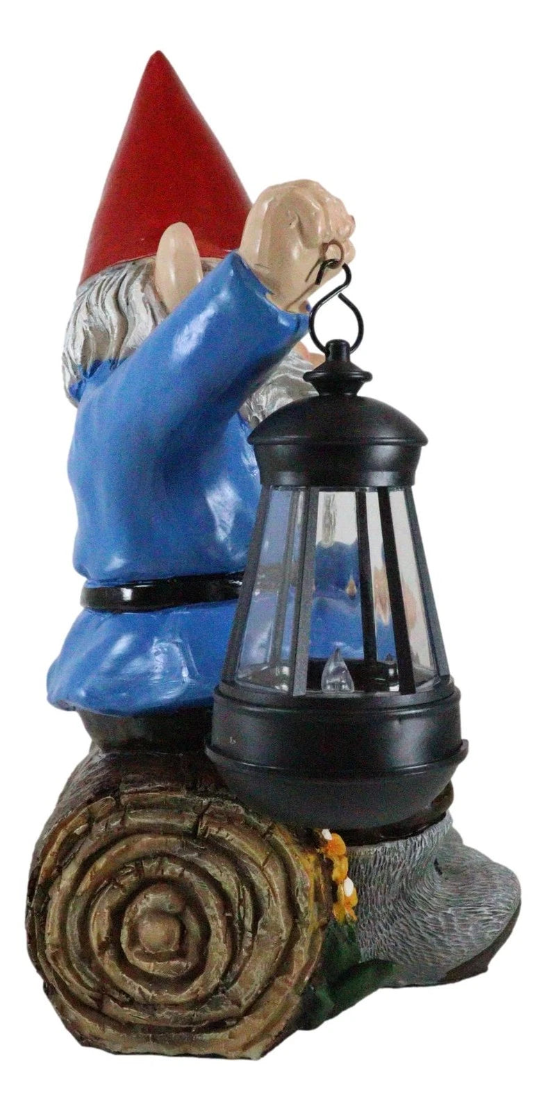 Estatua grande de gnomos de Sr. y Sra. en un tronco de árbol con luz LED solar, 34 cm de alto-3
