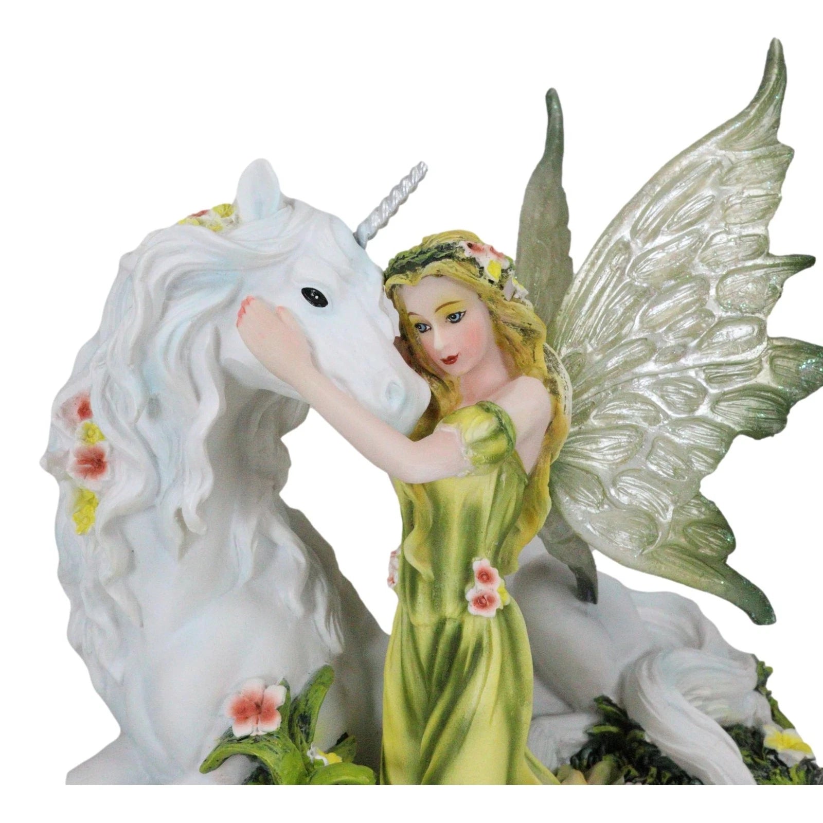 Green Earth Gaia Fairy With Rare Floral White Unicorn Statue Decor Figurine 7"L-6