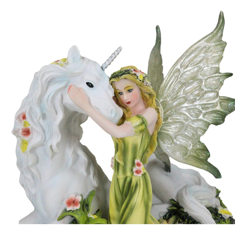 Green Earth Gaia Fairy With Rare Floral White Unicorn Statue Decor Figurine 7"L-6