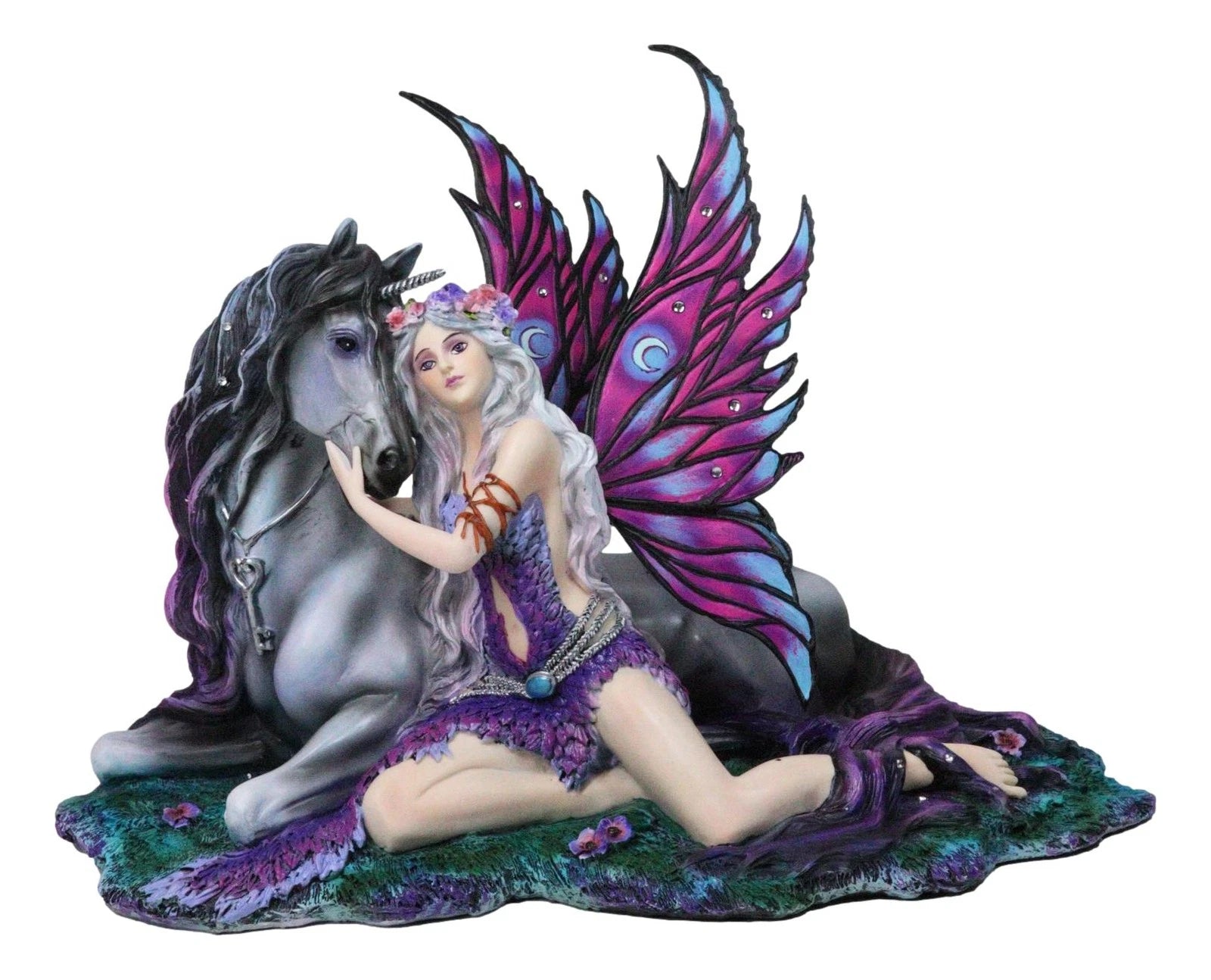 Purple Tribal Fairy Sitting With Midnight Key Lock Dark Unicorn Figurine 14.5"L-4