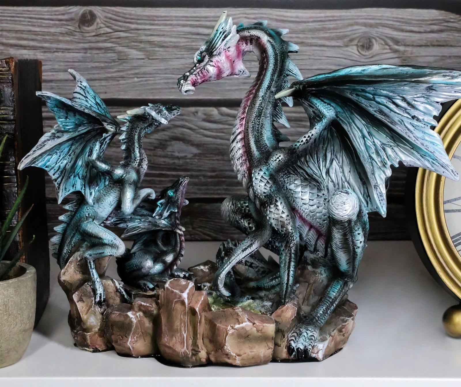 Dragon Figurine, 12" Blue Iceberg Mother Dragon with Baby Dragons Statue for Shelf, Mantle, Home, or Fantasy Room Decor Collectible-1