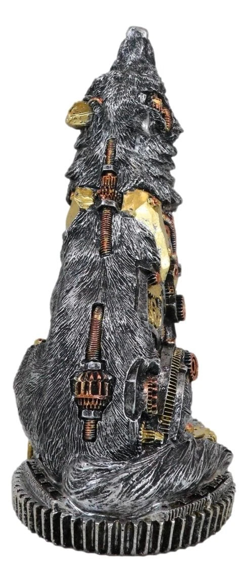 Steampunk Silver Alpha Wolf Howling Statue with Gears Base 7.5"H Figurine-5