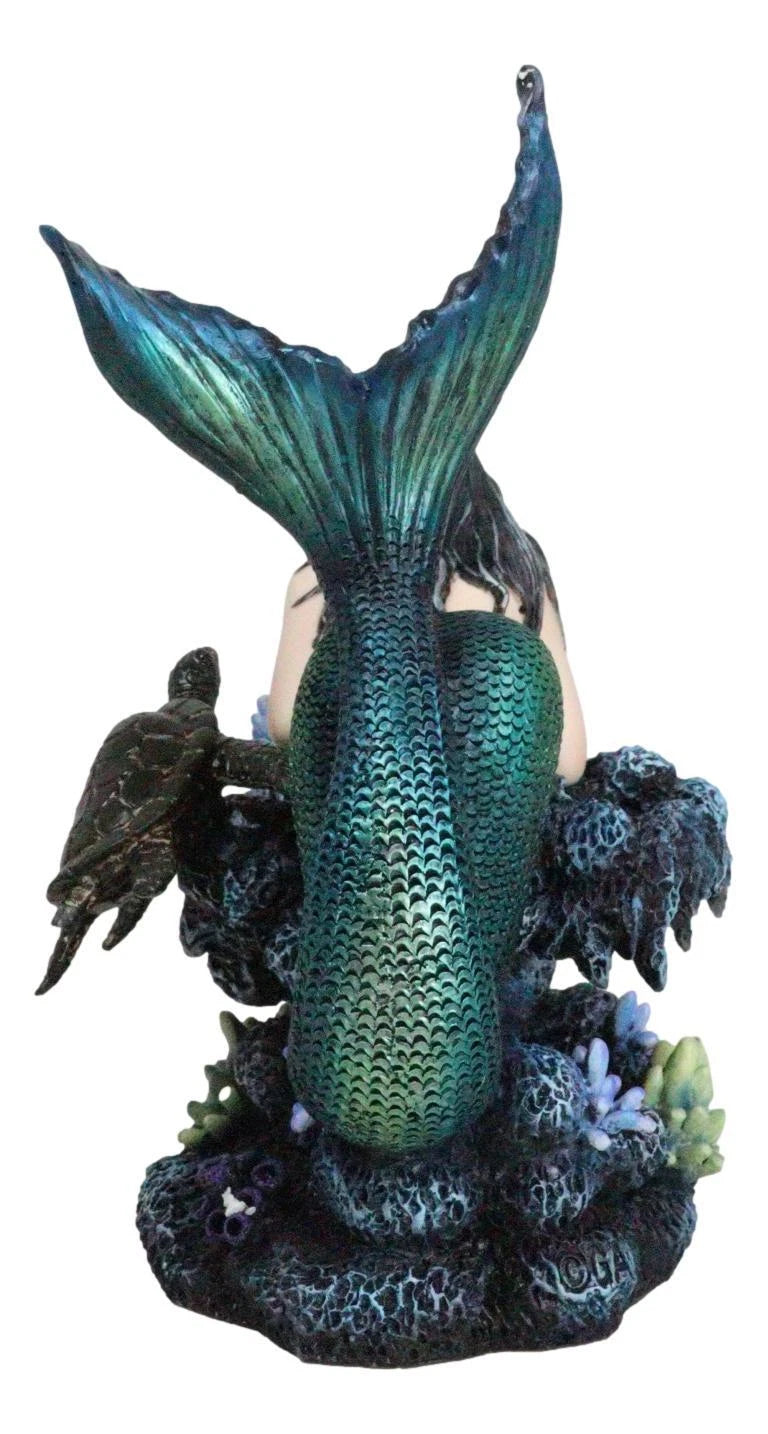 Siren Mermaid With Iridescent Tail And Turtle Companion By Coral Rocks Statue-6
