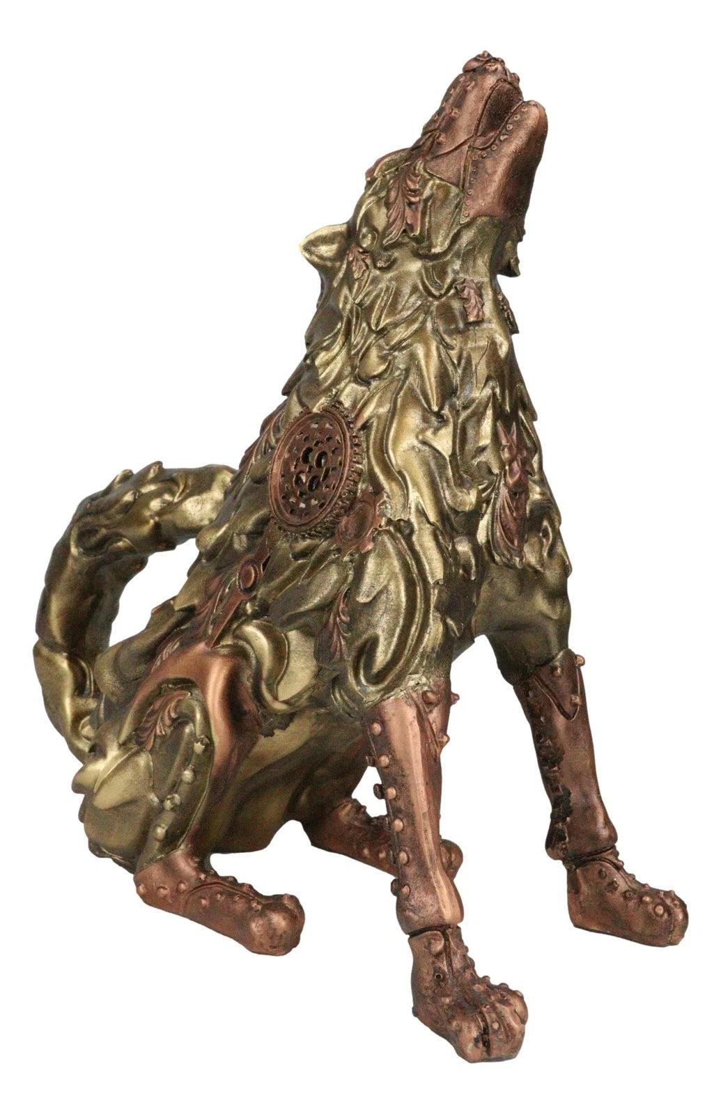 Steampunk Armor Geared Golden Robotic Alpha Wolf Howling At The Moon Statue-5