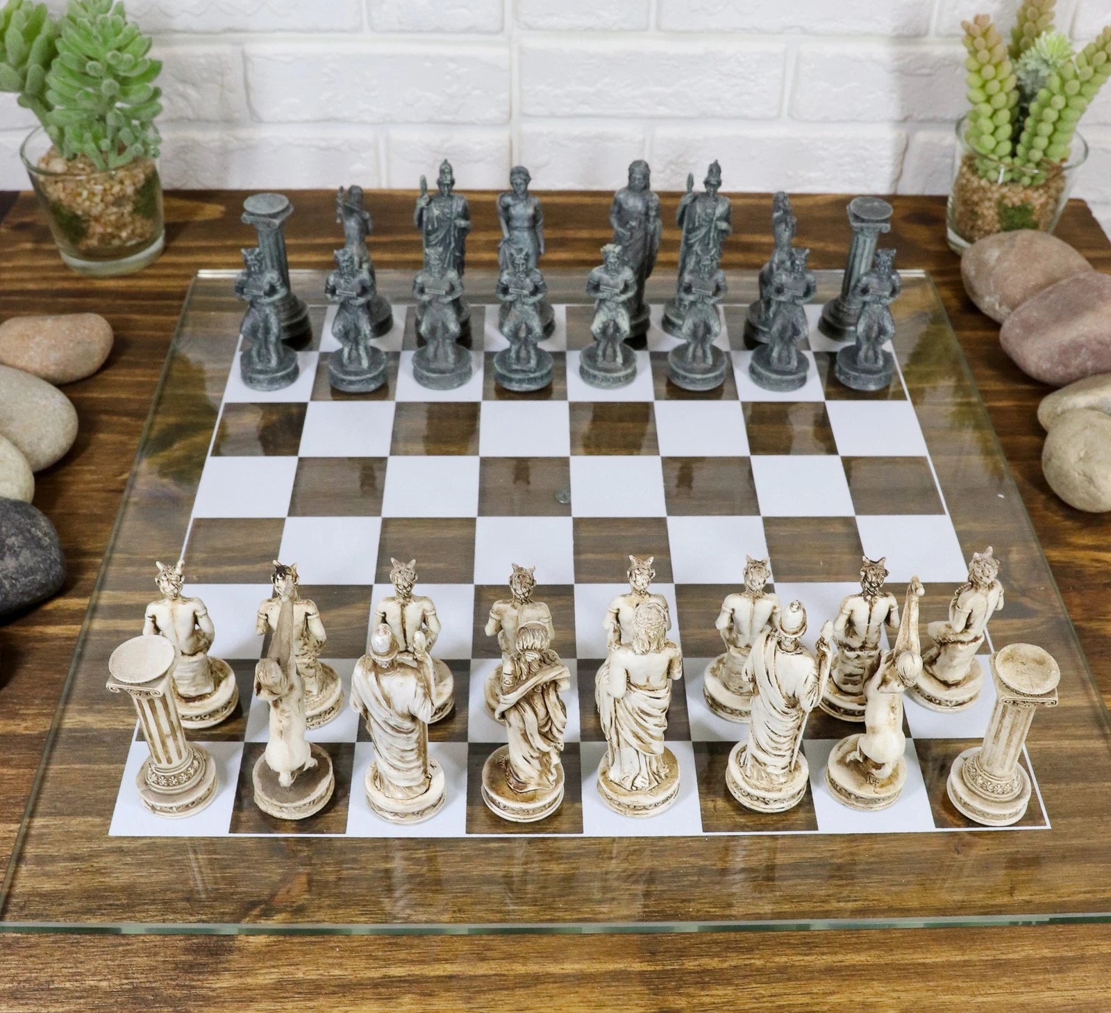 Olympus At War Greek Olympian Deities Resin Chess Pieces W/Glass Board Set-3