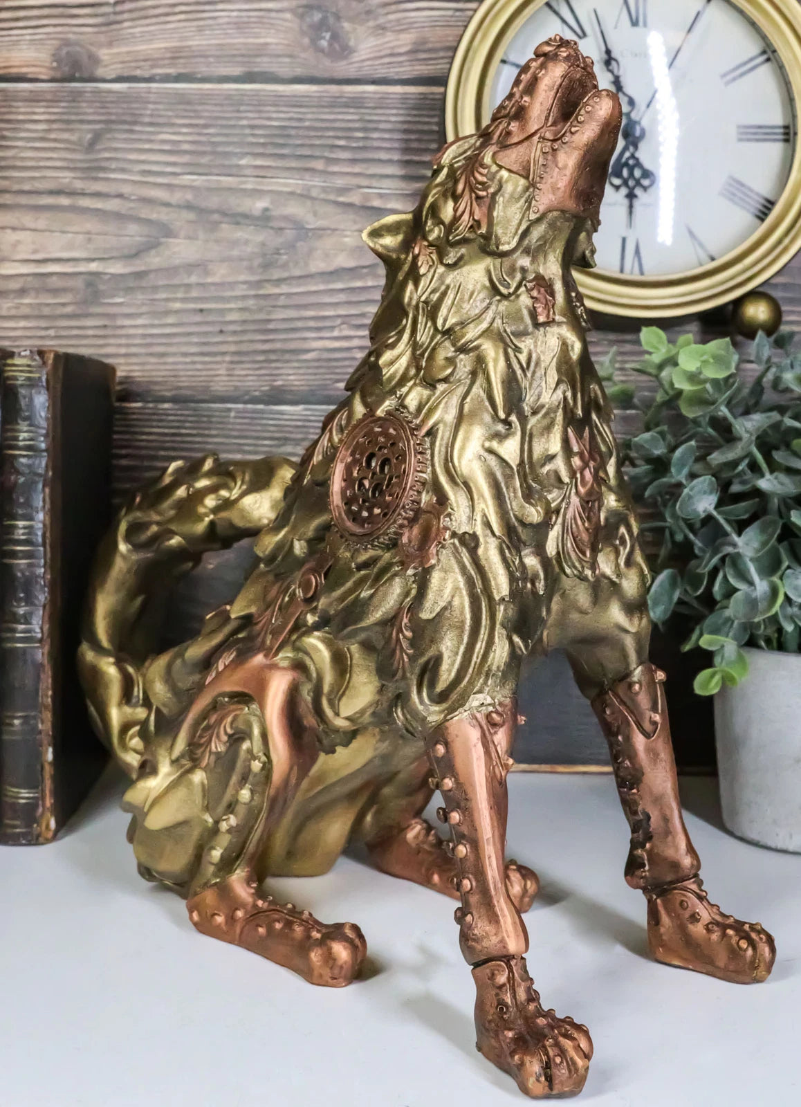 Steampunk Armor Geared Golden Robotic Alpha Wolf Howling At The Moon Statue-1