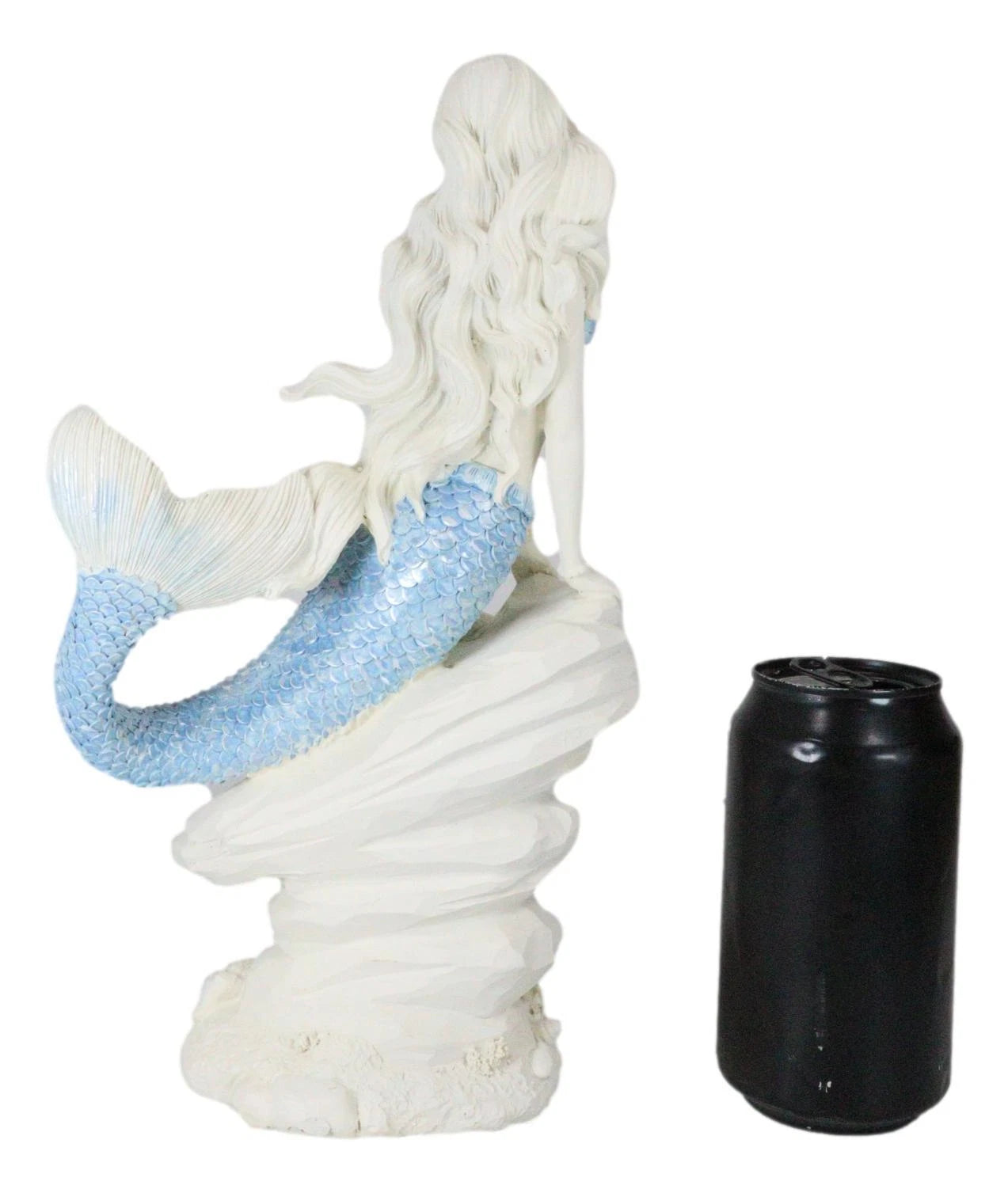 Figura de sirena de cola azul océano sentada sobre una roca marina, 11.5" de alto-6