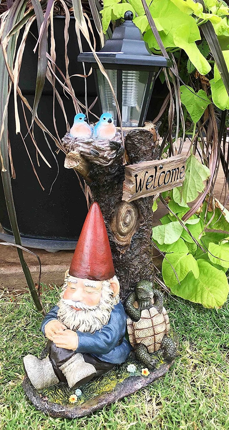 Summer Slumber Gnome With Buddy Turtle Solar Path LED Light Garden Statue