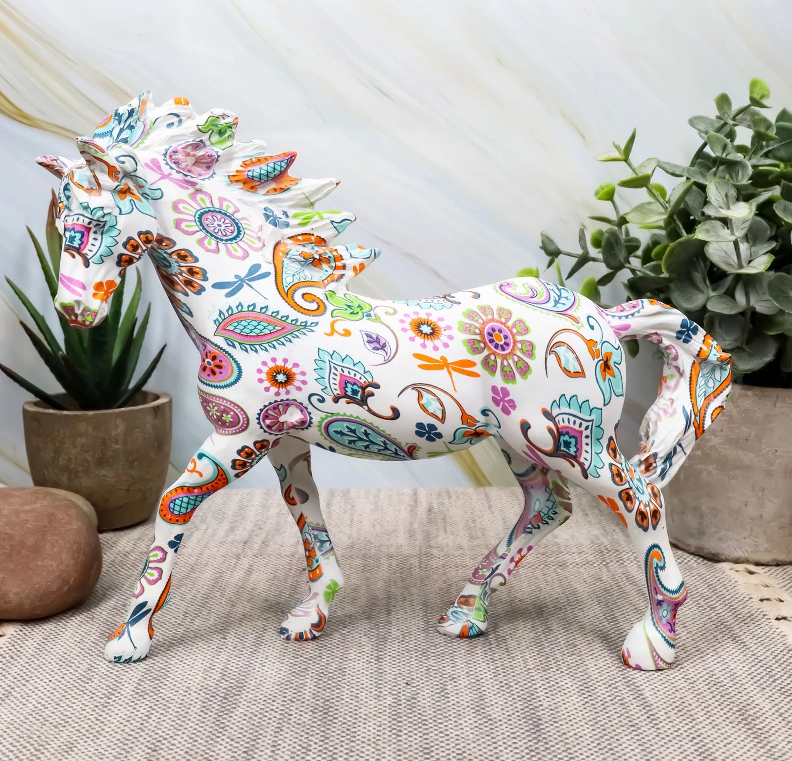 Equestrian Chic Beauty Rainbow Paisley White Horse Hand Painted Statue 7.5" L-2