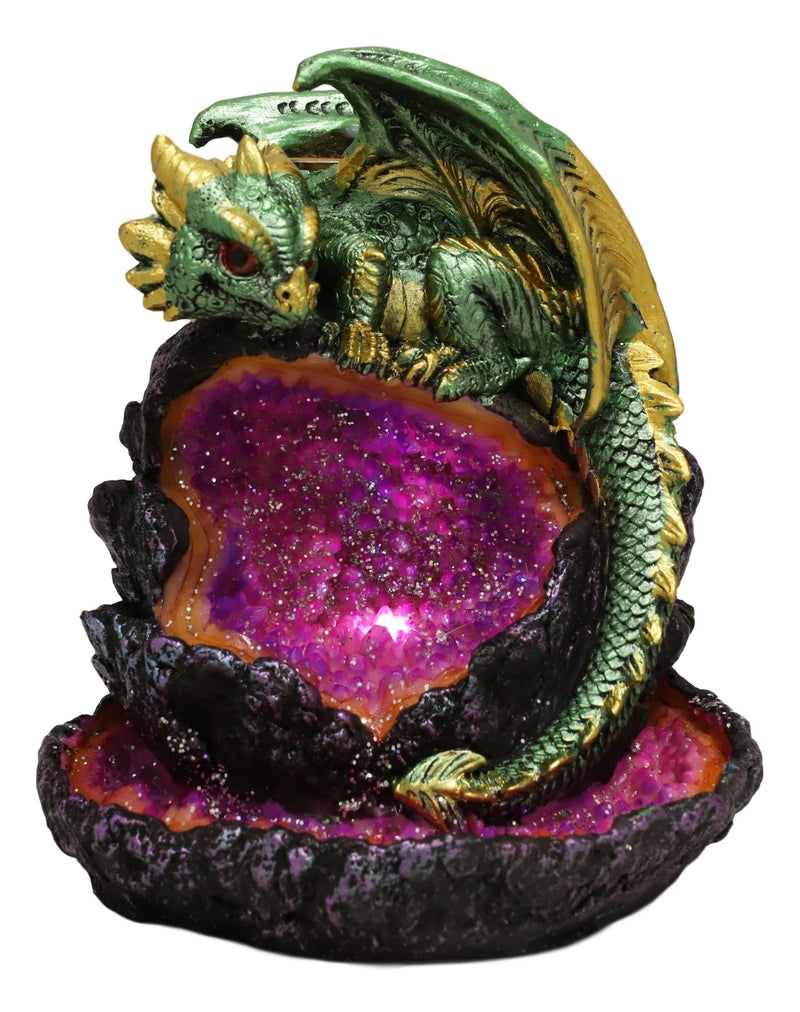 Wyrmling Dragon On Crystal Geode Rock Backflow Incense Burner Statue With LED-4