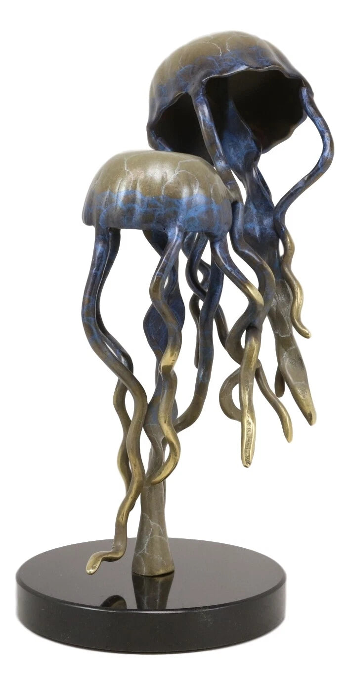 Brass Colorful Nautical Jellyfish Pair Floating In The Sea Statue On Marble Base-3