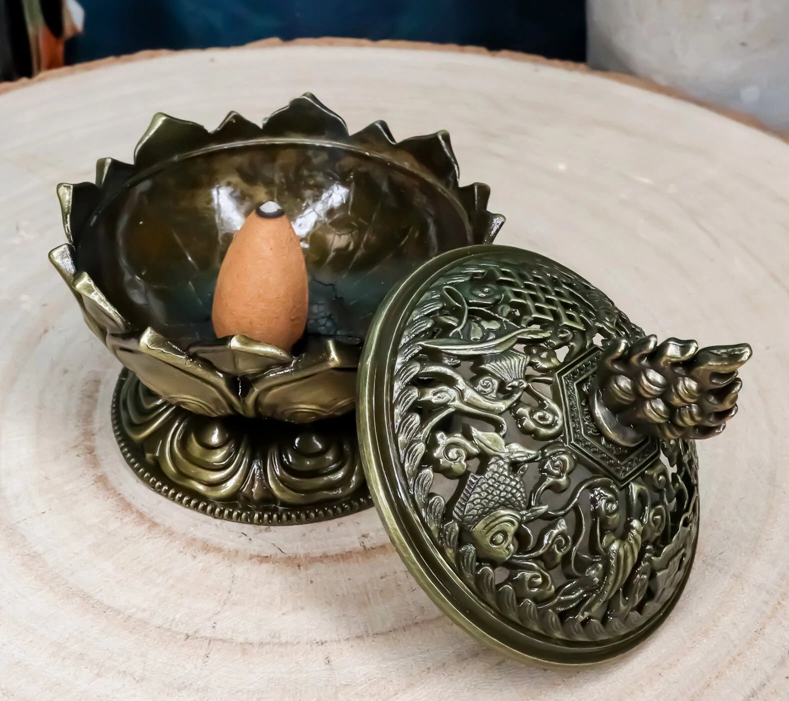 Buddha Padma Lotus Incense Holder Burner Figurine Eastern Meditation Decor 4"Dia-3