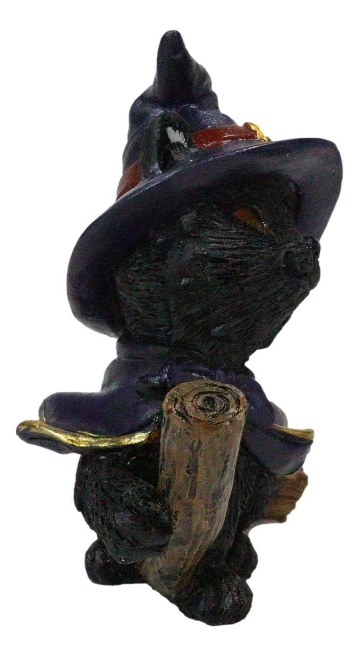 Halloween Black Cat with Witch Hat and Cape Riding Magical Broomstick Figurine-4