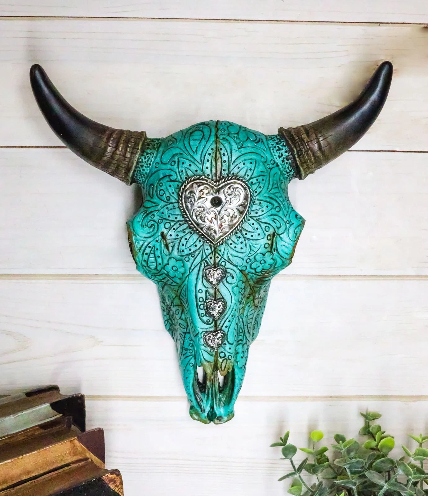 10"L Southwest Steer Bison Bull Cow Skull Turquoise With Scroll Heart Wall Decor