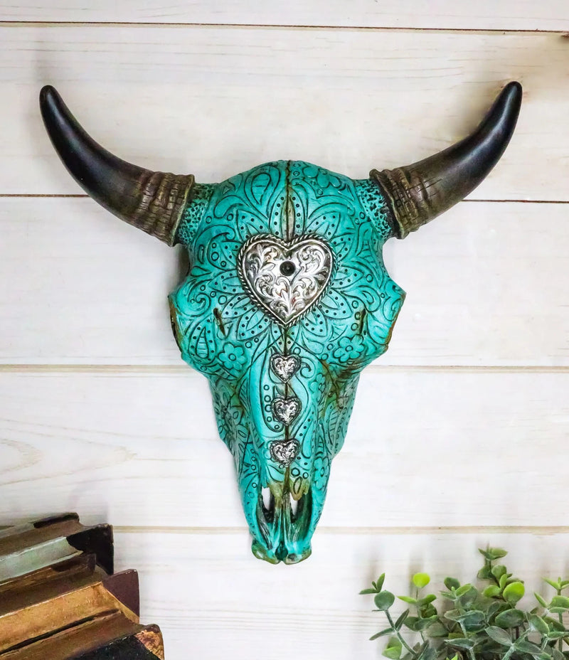 10"L Southwest Steer Bison Bull Cow Skull Turquoise With Scroll Heart Wall Decor-1