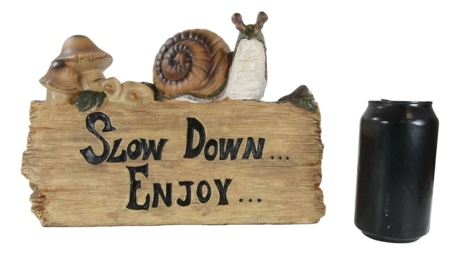 Helix Shell Snail By Mushrooms On Trunk Log With Slow Down Enjoy Sign-4