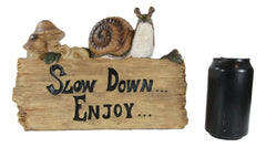 Helix Shell Snail By Mushrooms On Trunk Log With Slow Down Enjoy Sign-4