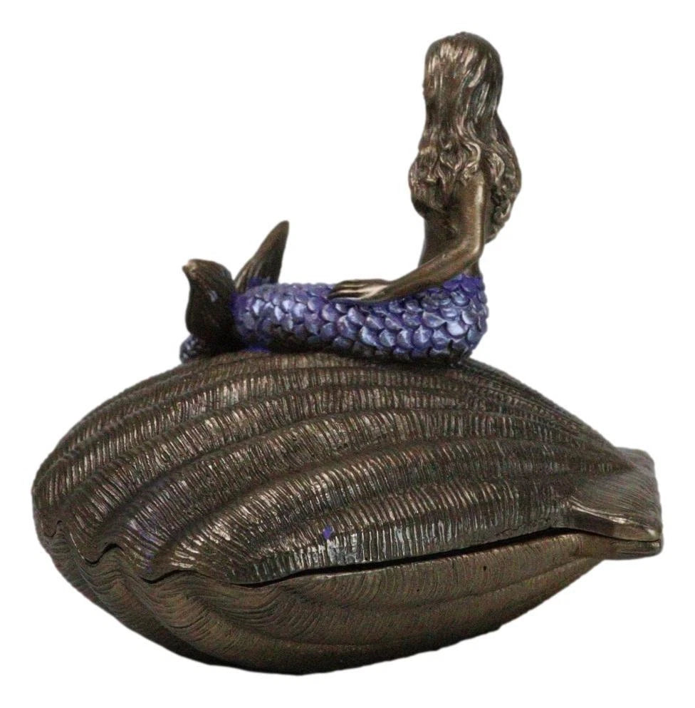 Beautiful Mermaid Sitting On Giant Sea Shell Decorative Jewelry Box Figurine-6