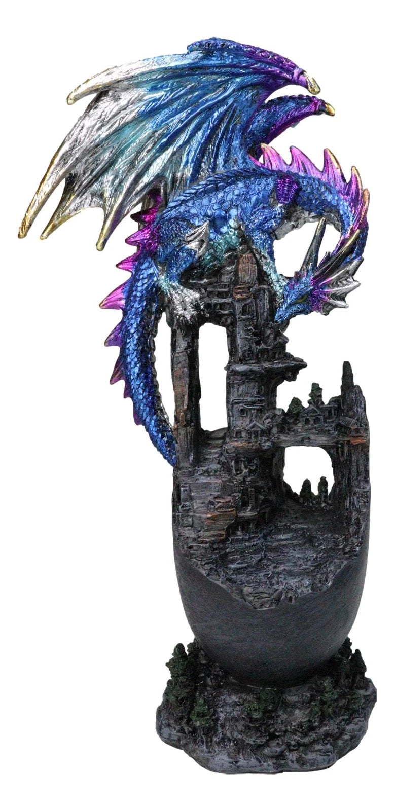 Medieval Blue Dragon Perching On Abandoned Castle Tower Ruins Figurine 12"H-5