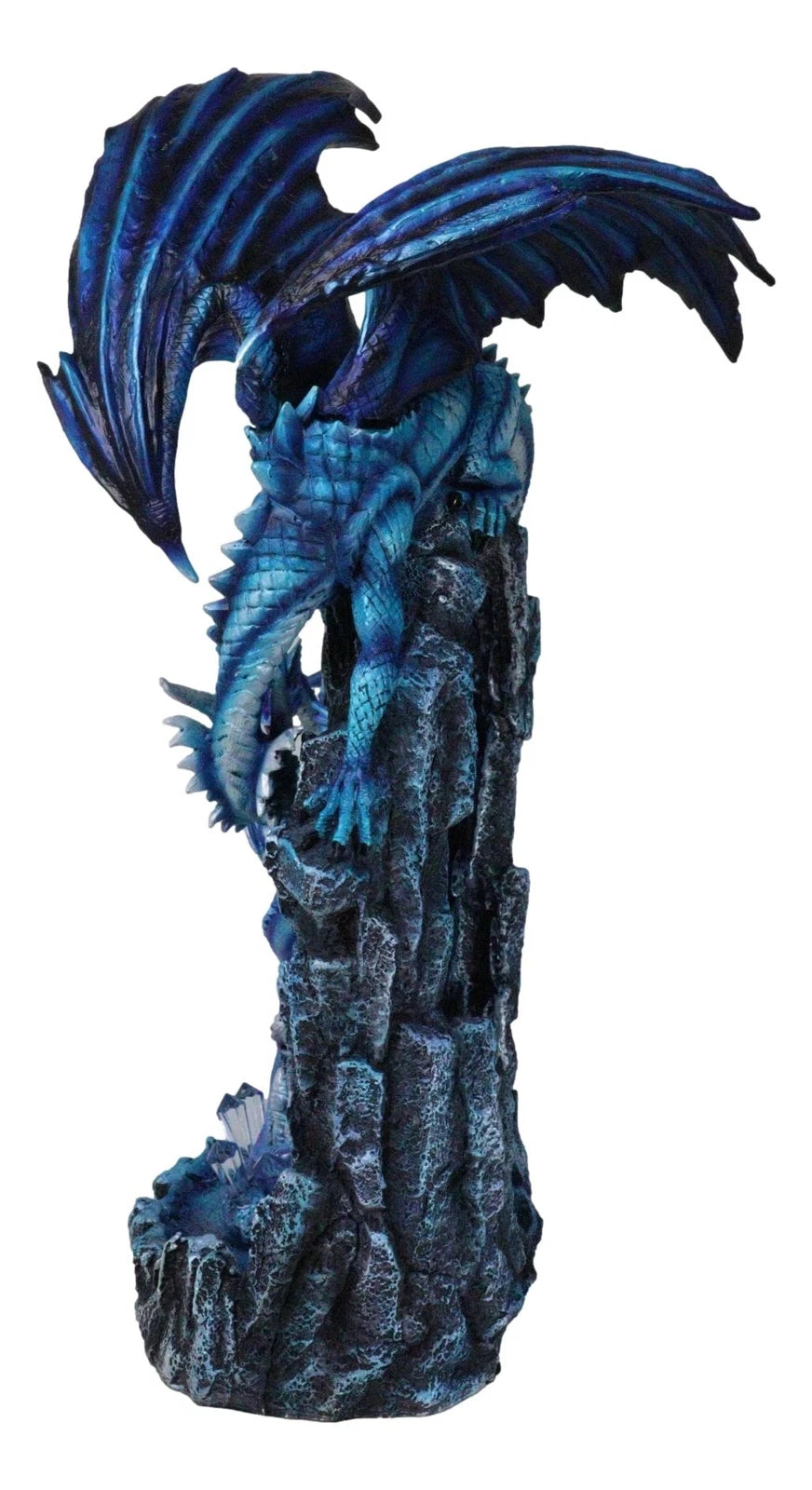 20"H Large Blue Frozen Dragon On Arch With Wyrmling By Ice Stalagmite Statue-8