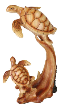 Mother and Baby Sea Turtle Decor Statue 9" Tall Faux Wood Resin Figurine-6