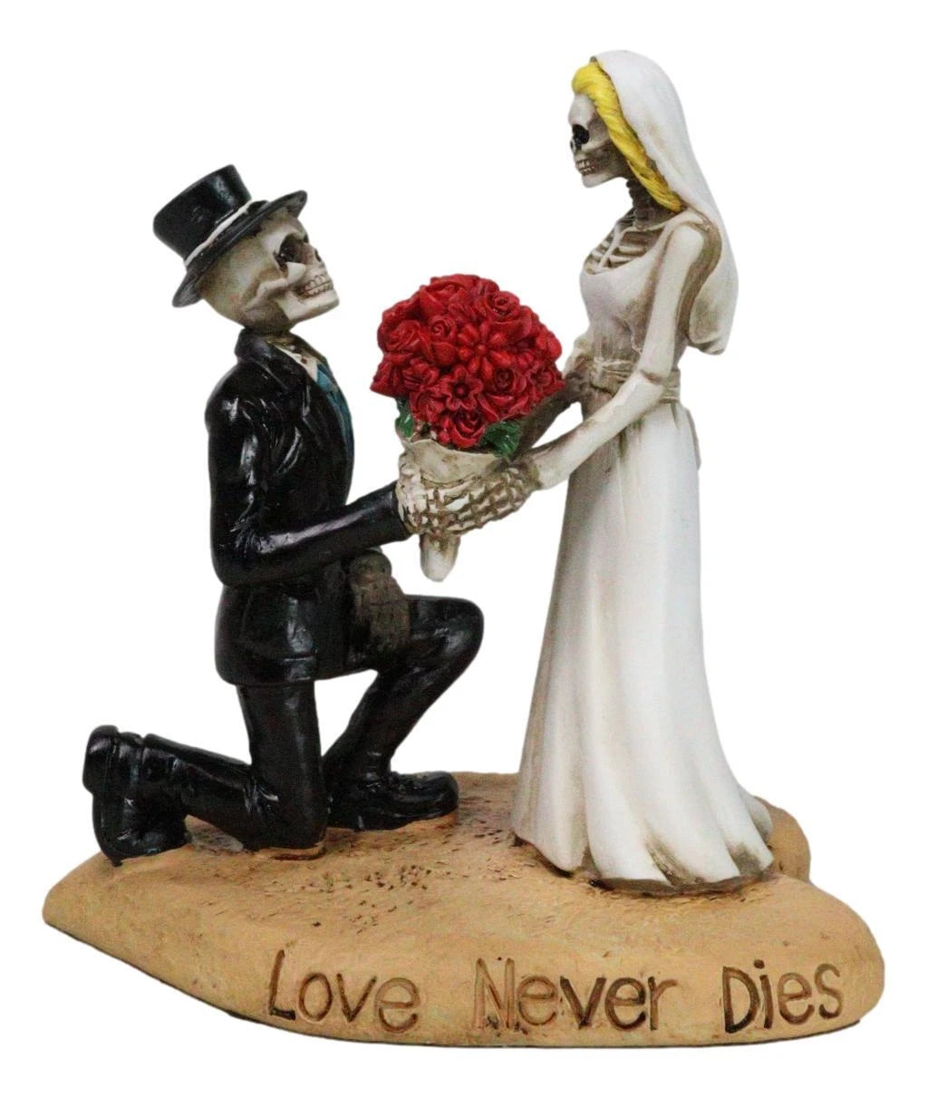 Figura decorativa para tarta de boda con esqueletos de novios y rosas "El amor nunca muere"-3