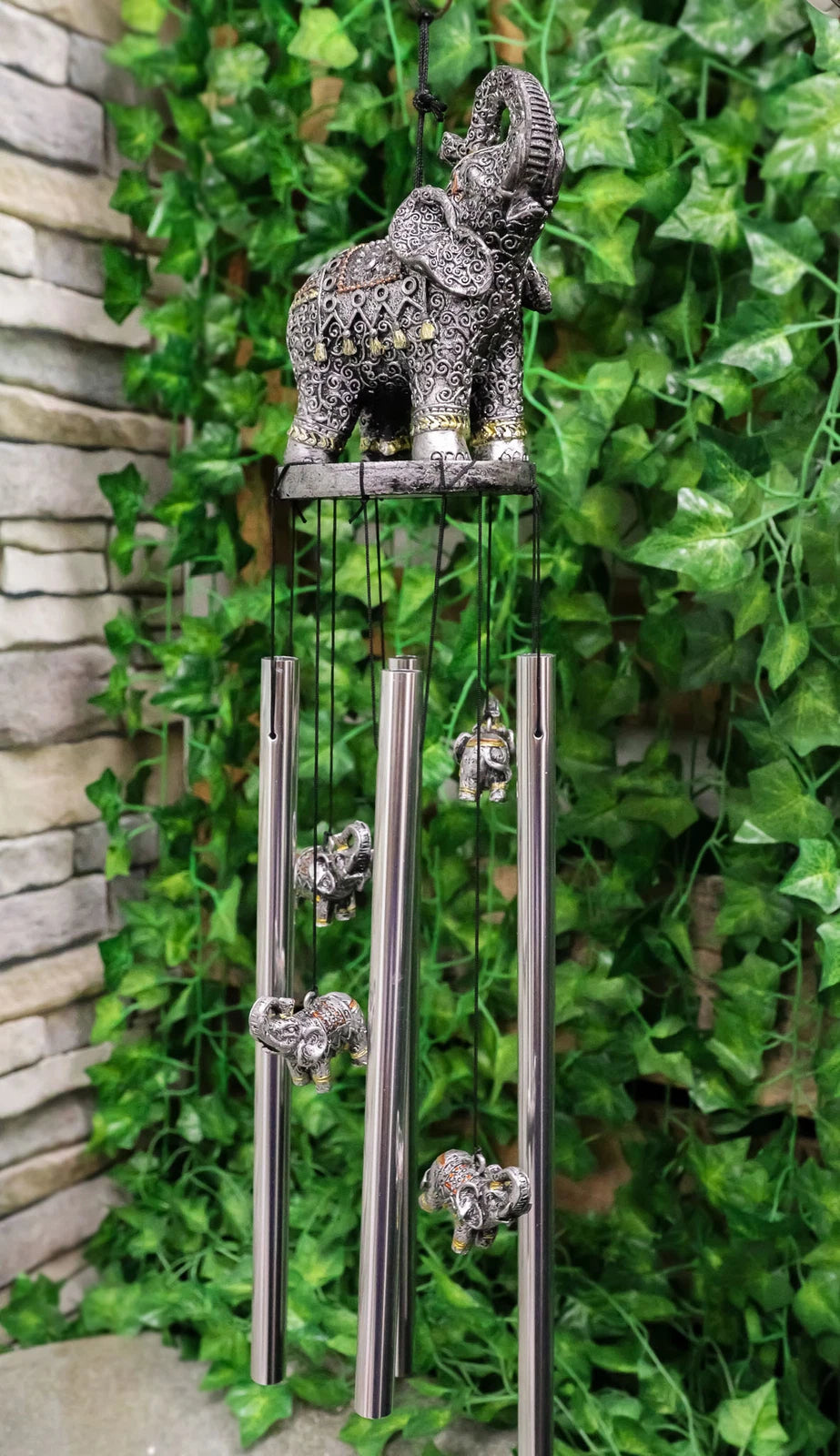 Feng Shui Thai Buddha Elephant In Filigree Art Figurine Crown Garden Wind Chime