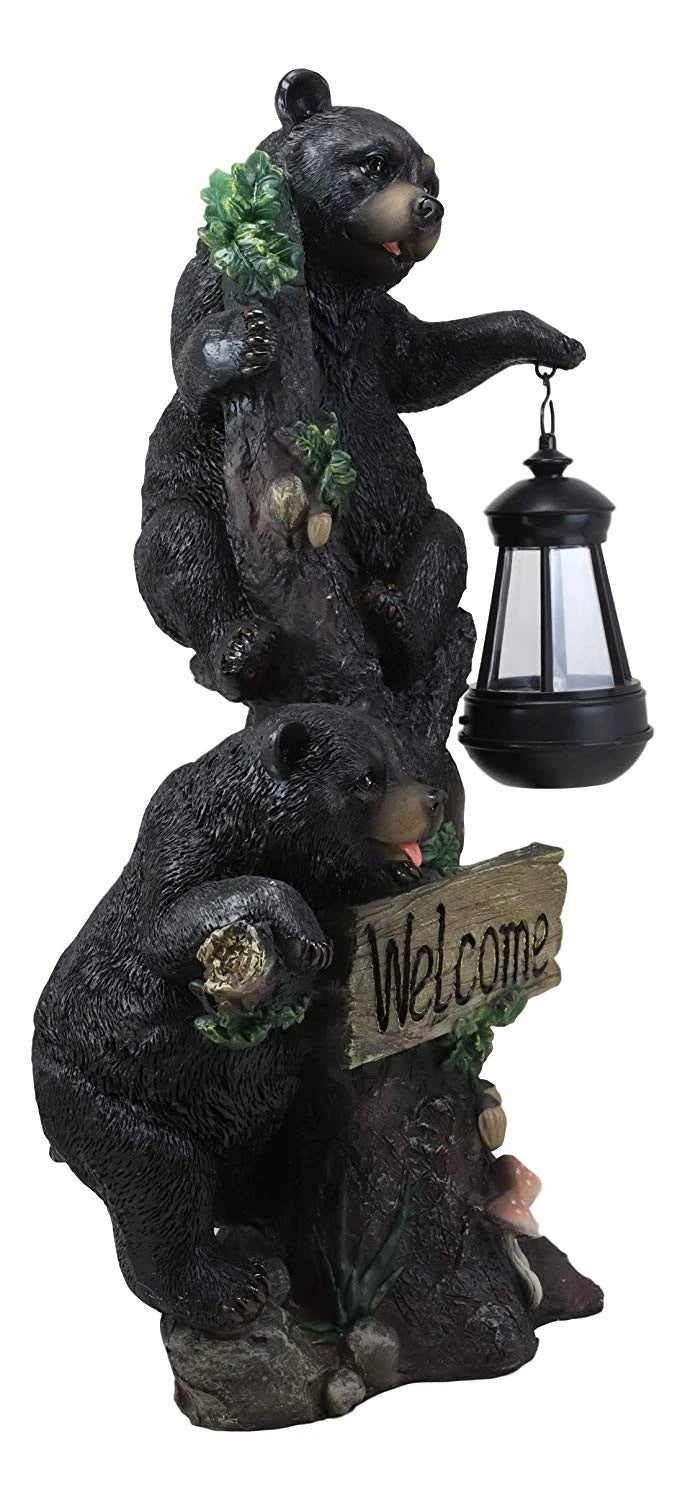 Climbing Black Bear Cubs Garden Light Welcome Statue Figurine Solar LED Lantern-5