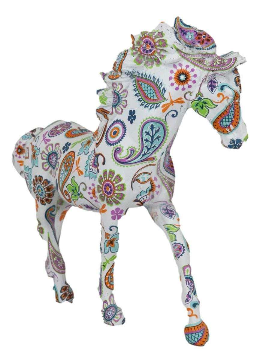 Equestrian Chic Beauty Rainbow Paisley White Horse Hand Painted Statue 7.5" L-7