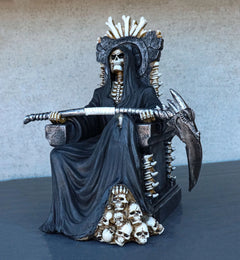 Grim Reaper Figurine, Death Skeleton Throne Statue 10.5" Tall Gothic Home Decor, Sitting Reaper Collectible, Halloween Accent, Desk or Shelf Ornament, Dark Fantasy Sculpture-1