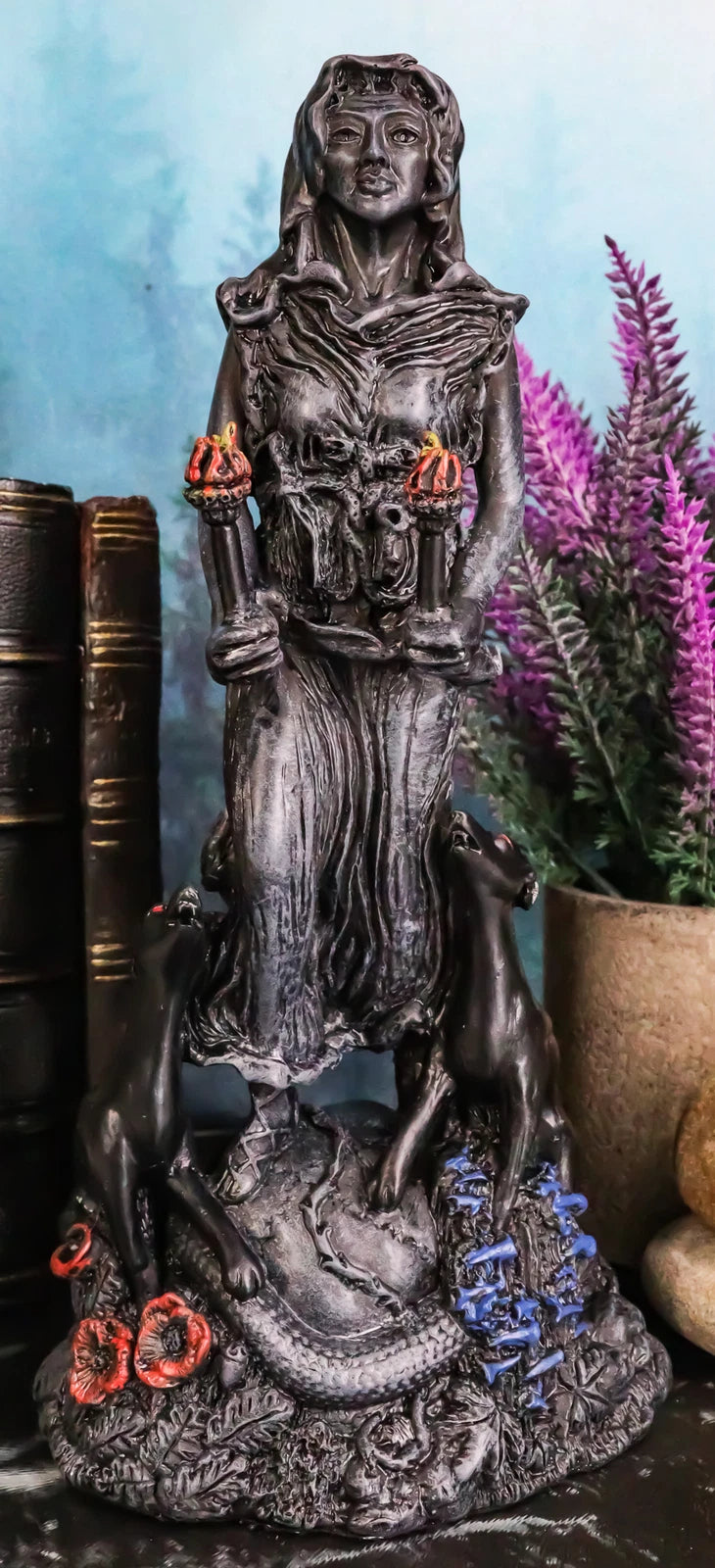 Oberon Zell Spiral Triple Goddess The Crone Hecate With She Dog Hounds Statue-1