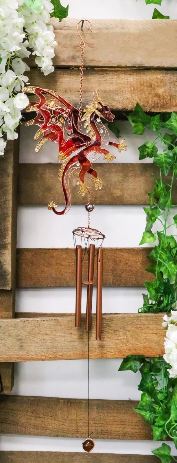 Medieval Fantasy Red Gold Fire Dragon Art Glass Gemstones Metal Wind Chime