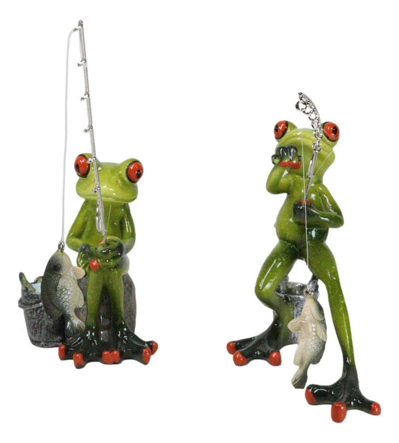 Pack of 2 Favorite Pastime Green Frogs Besties Rod Fishing by The Pond Figurines-7