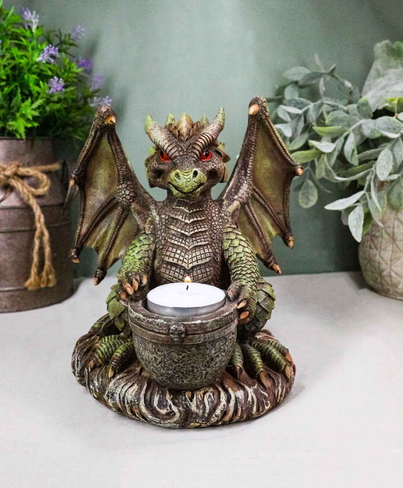 Earth Druid Dragon Holding Magic Cauldron Tea Light Candle Or Incense Holder-1