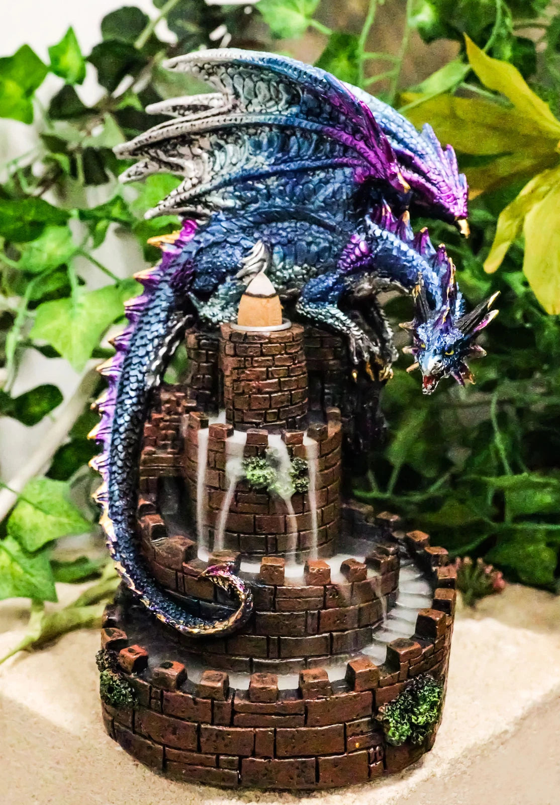 Metallic Blue Dragon On Spiral Steps Castle Tower Backflow Incense Cone Burner-1