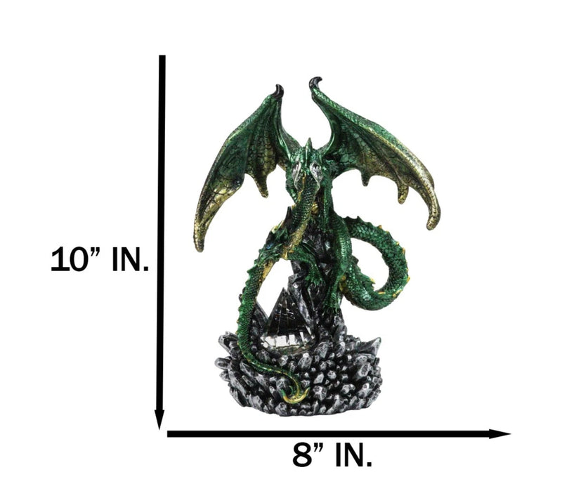 Metallic Green and Gold Rune Dragon Guarding Glass Prism Crystals Figurine 10"H-5
