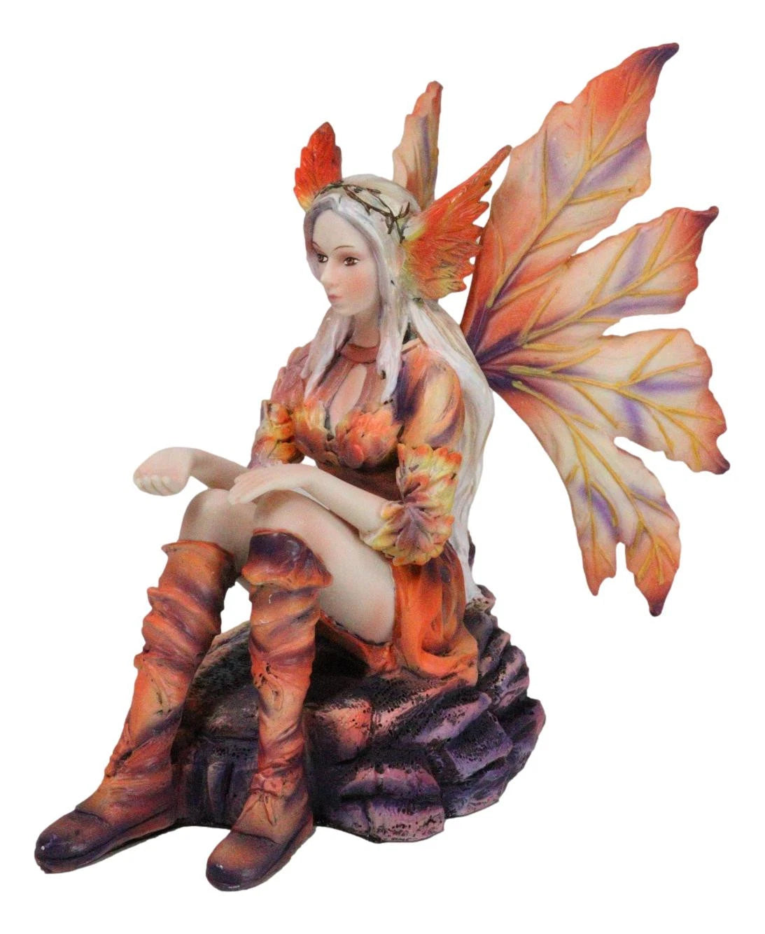 Goddess of Fire Elemental Pixie Fairy in Ember Pyre Dress Sitting Figurine-4