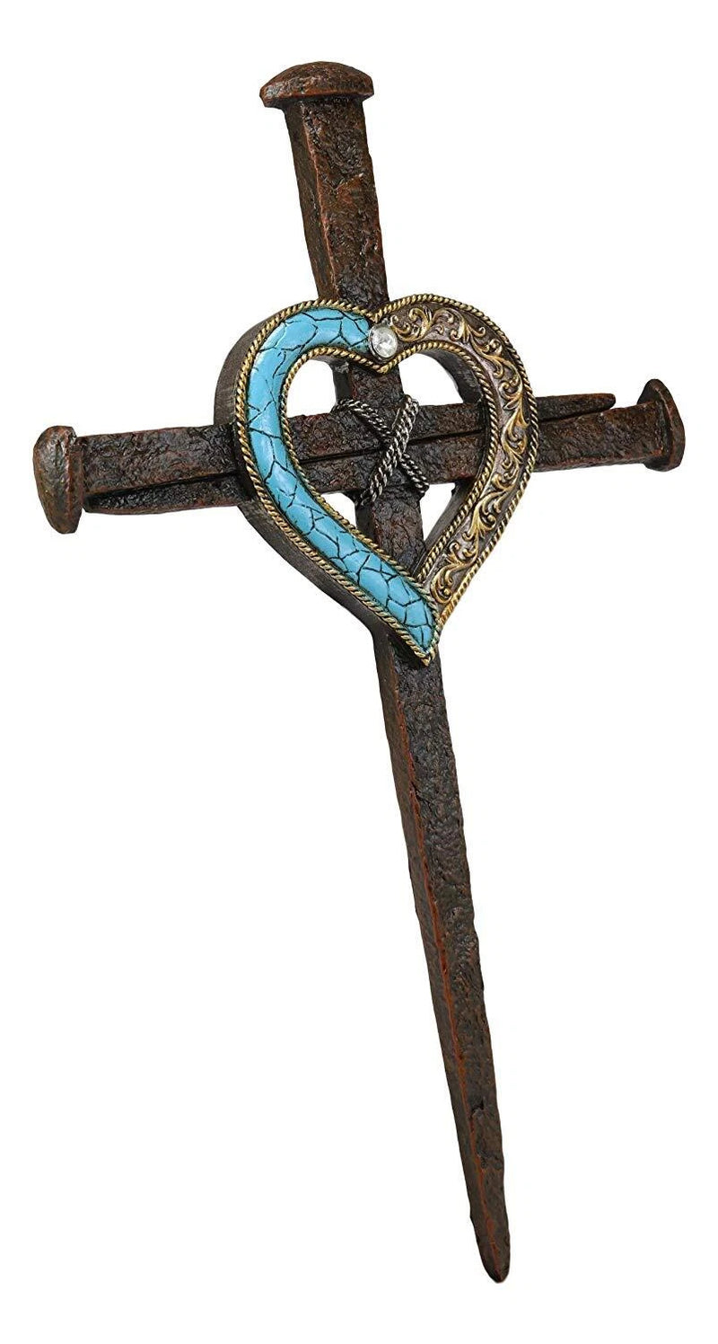 Crucifix Driven Nails with Heart Center Wall Cross Decor Plaque 16.5"H-4
