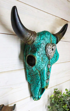10"L Southwest Steer Bison Bull Cow Skull Turquoise With Scroll Heart Wall Decor-5