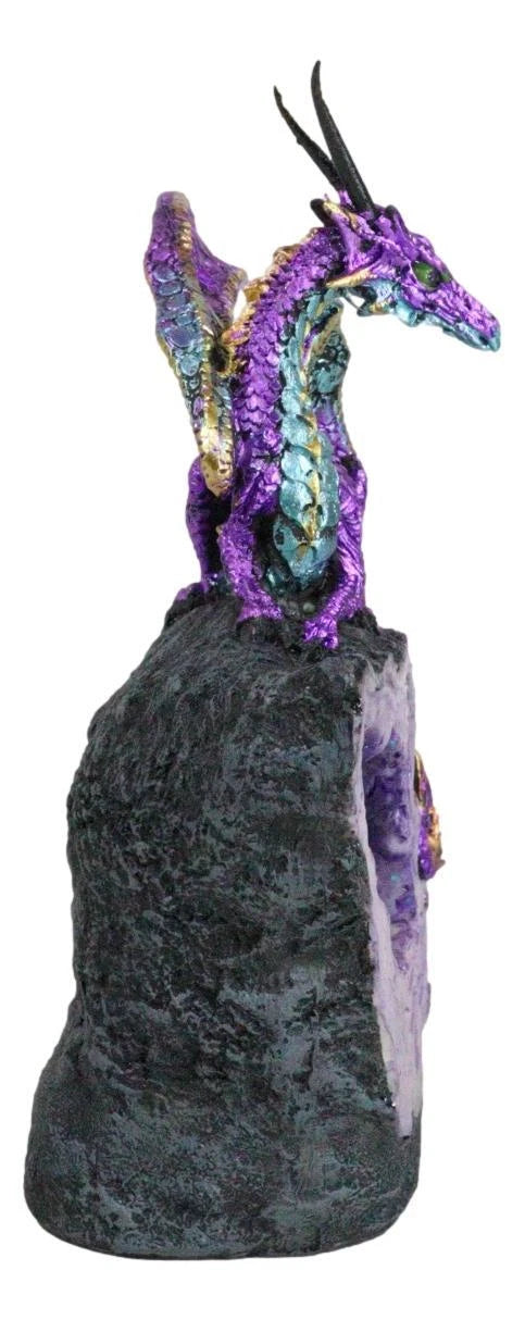 Metallic Purple Midnight Dragon On LED Light Faux Geode Crystal Rock Figurine-4
