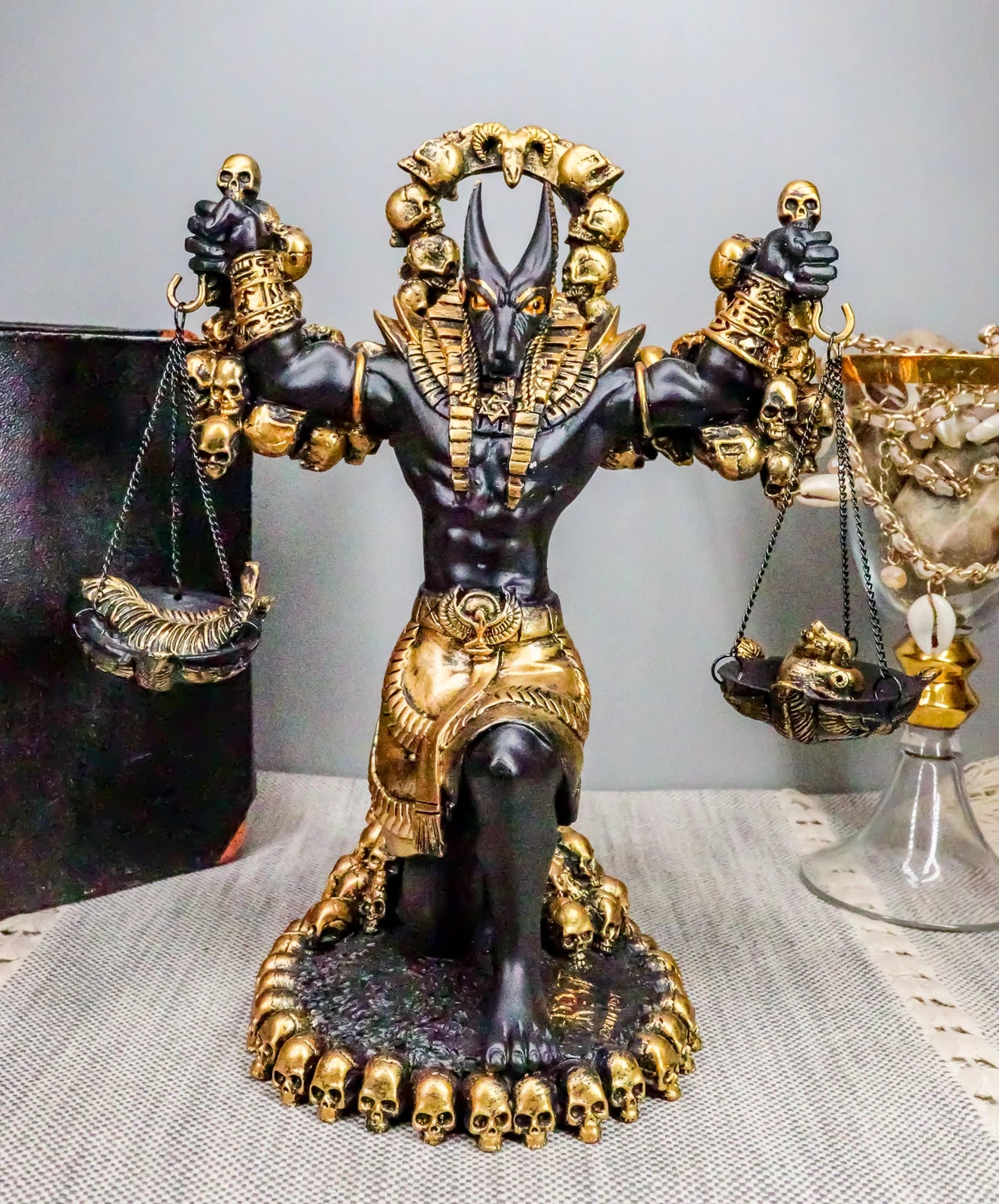 Anubis Statue Ankh Altar Weighing The Heart Against Feather Figurine 9"H-6
